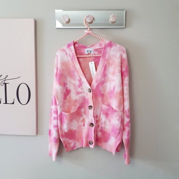 NWT Juicy Couture pink, orange, white tie dye knit V-neck cotton cardigan, S - Picture 5 of 7